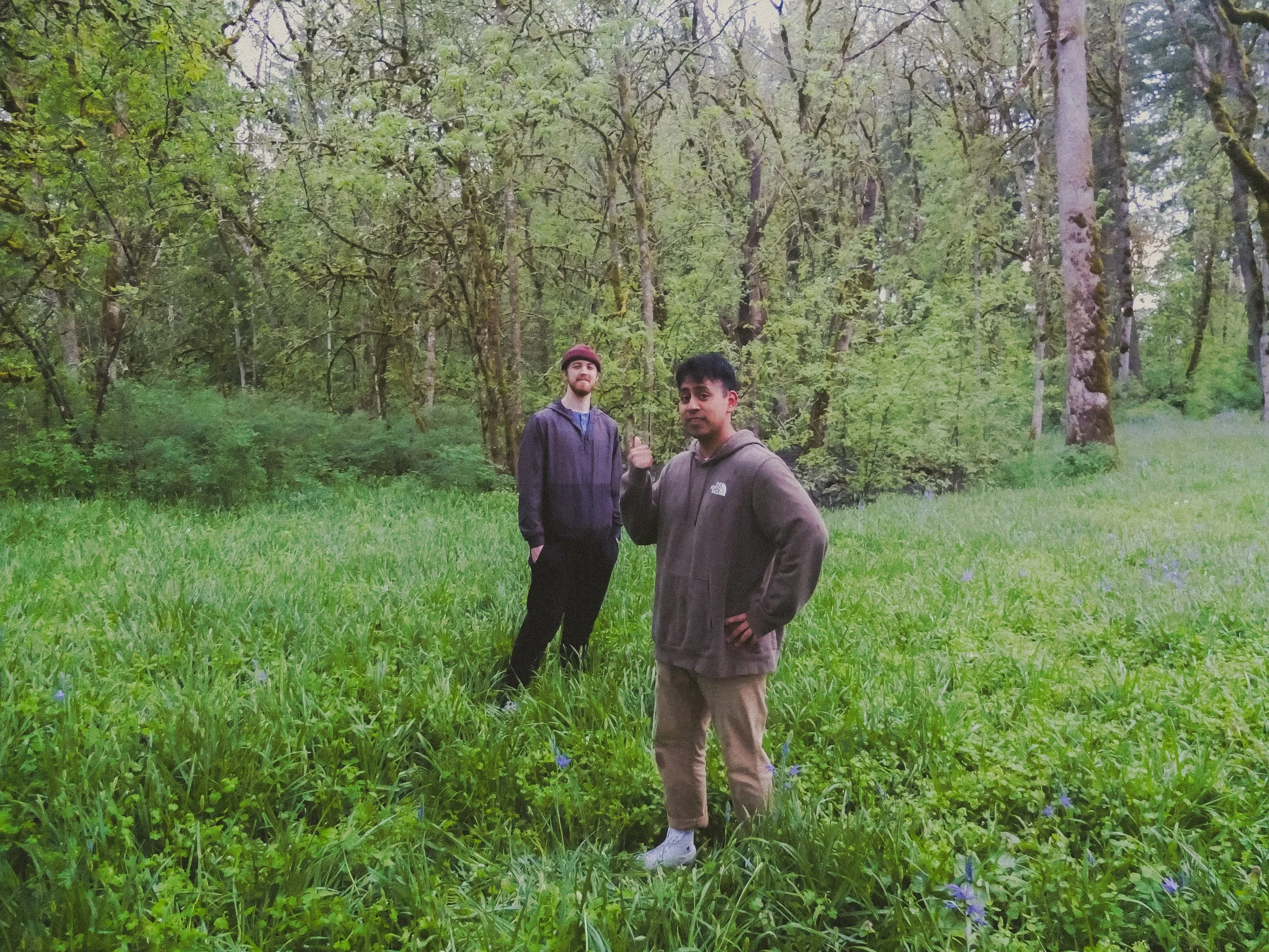 Unpolished band portrait from the Raw Reality series of EL Wedos, emphasizing the high-contrast flash lighting against the deep, irresistible PNW winter and spring greens in Vancouver, WA.