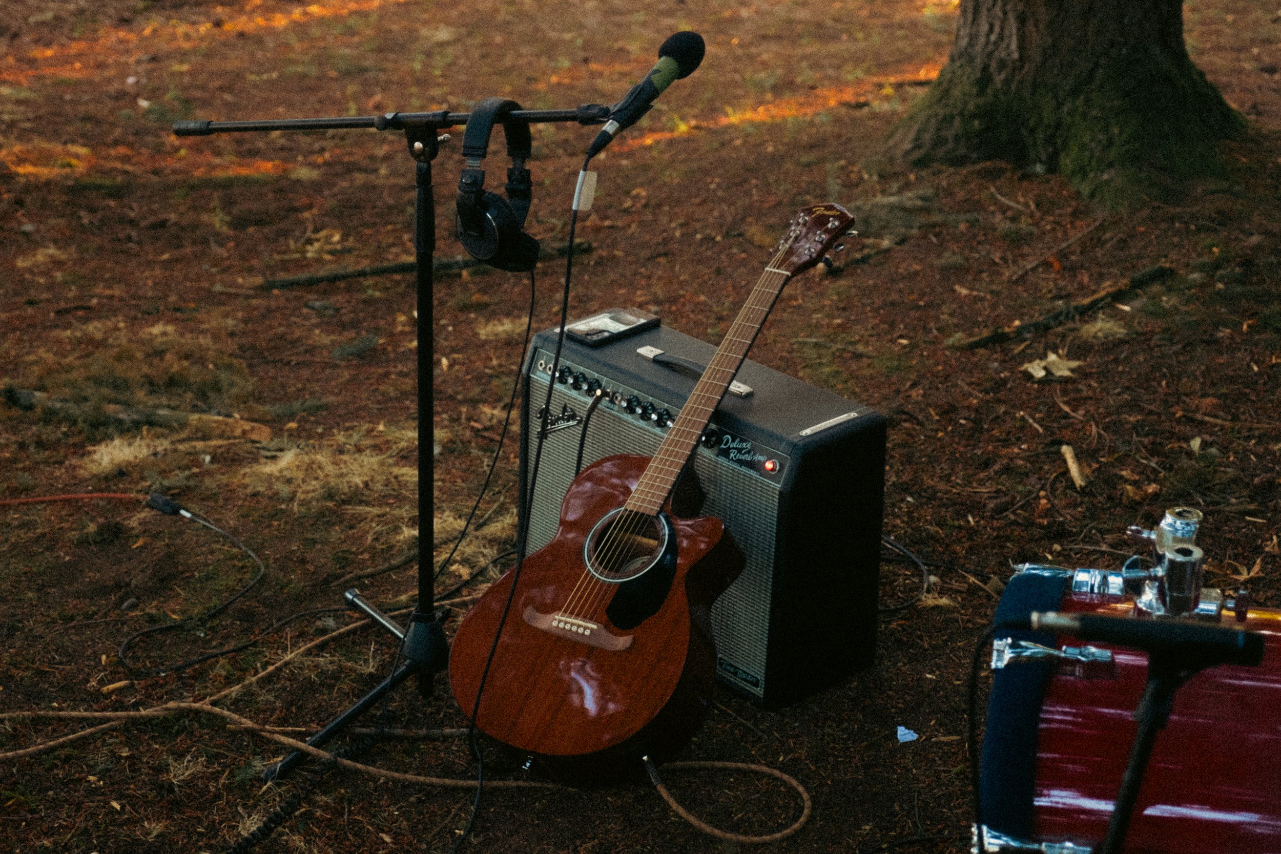 AJ Miranda Photography Candid, unpolished band photography from the Raw Reality series of EL Wedos, capturing genuine chaos using high-contrast dark flash in Vancouver, WA's deep PNW winter greens.
