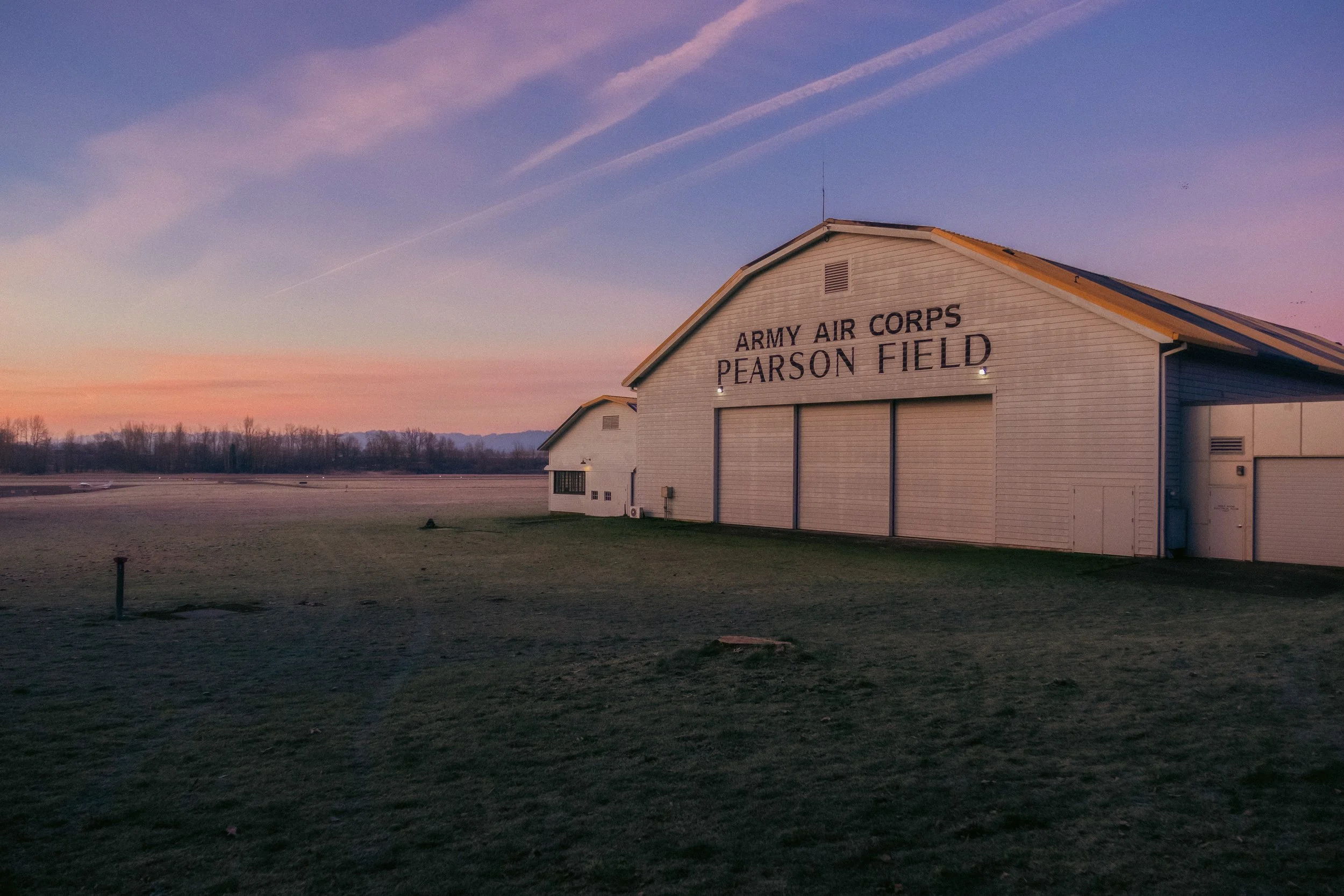 Eerie film photograph of the oldest US airfield, Pearson Air Museum in Vancouver, WA (Portland Metro), capturing the quiet solitude of Fort Vancouver National Historic Site and its role in the 1937 Transpolar Flight.
