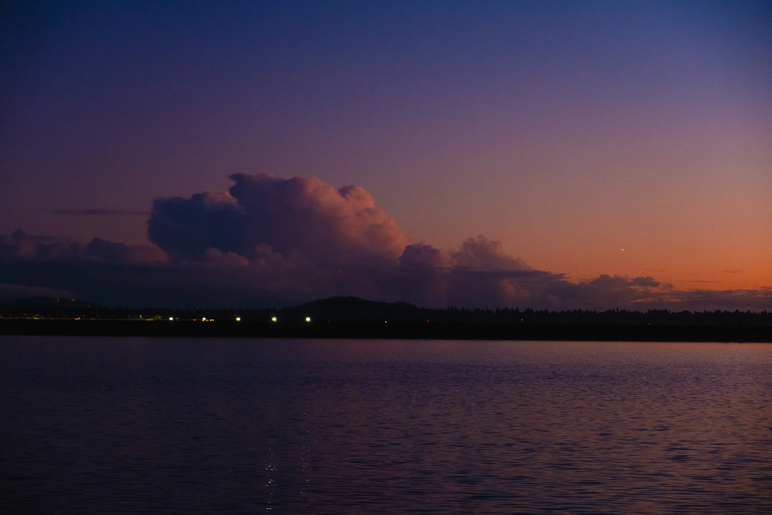 Cinematic, low-light photograph from "Sunset Blues" series by AJ Miranda, featuring a bloomy moon and silhouetted trees against a pink and orange Golden Hour skyscape.