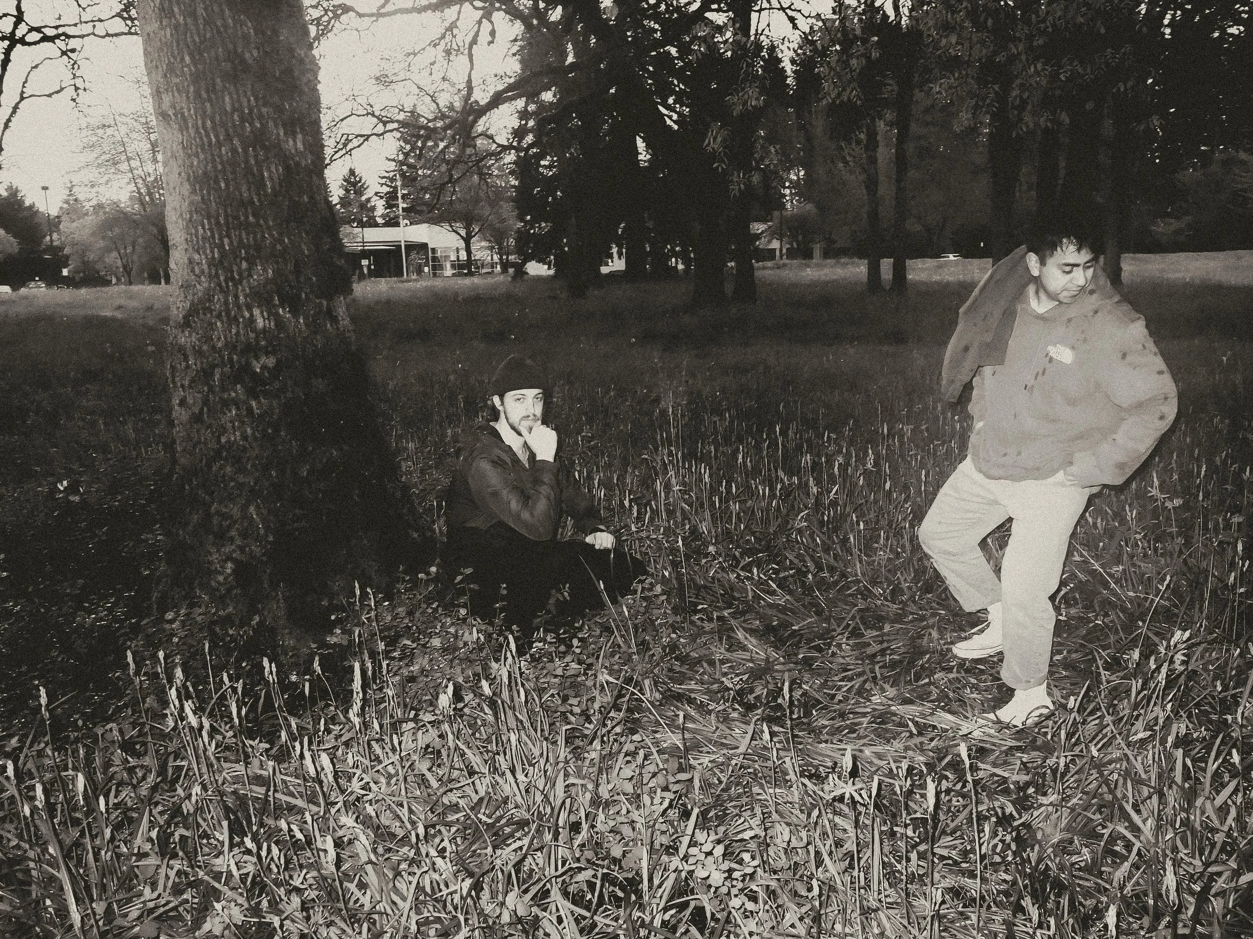 Unpolished band portrait from the Raw Reality series of EL Wedos, emphasizing the high-contrast flash lighting against the deep, irresistible PNW winter and spring greens in Vancouver, WA.