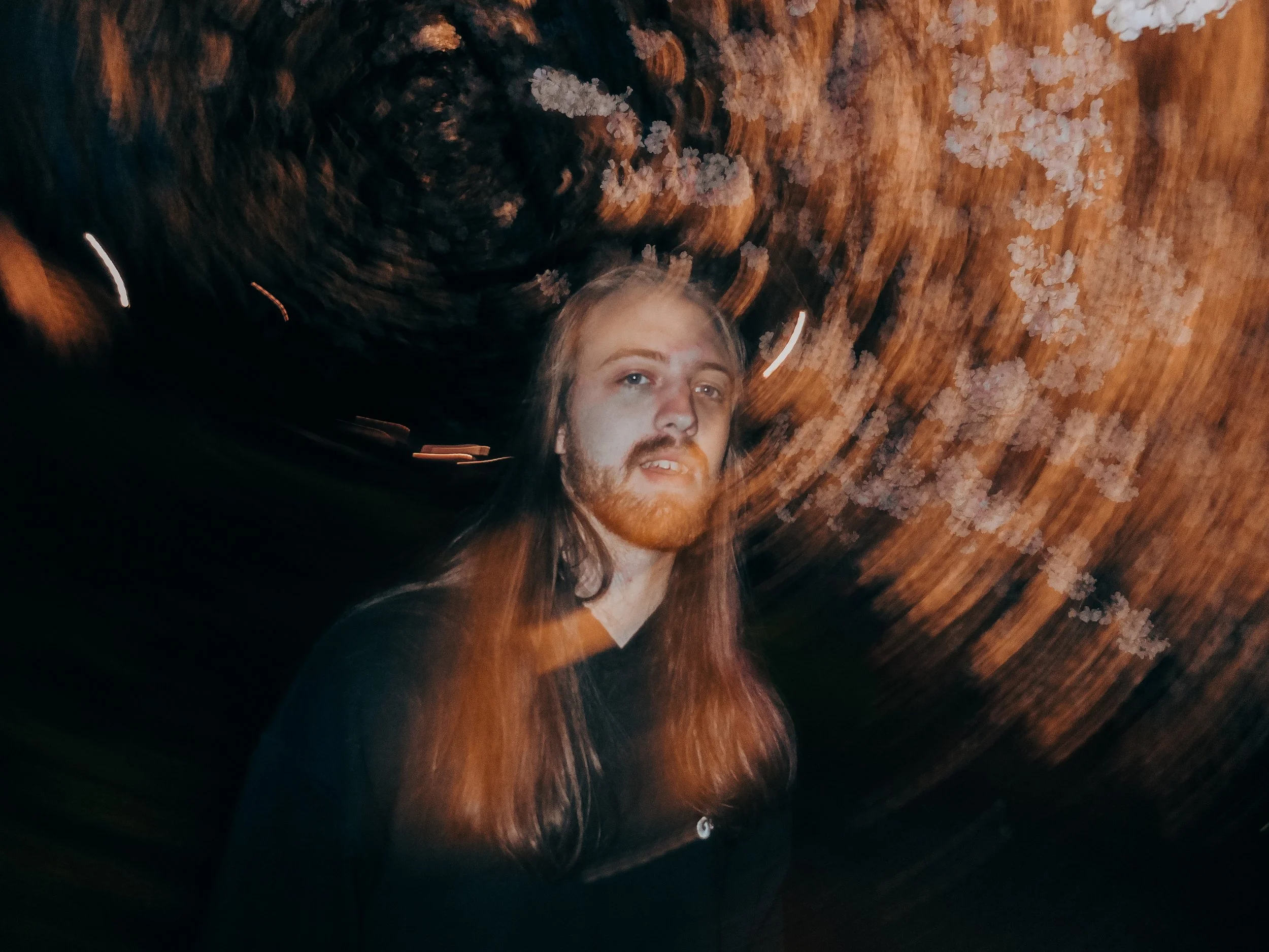 AJ Miranda Photography Candid, unpolished band photography from the Raw Reality series of EL Wedos, capturing genuine chaos using high-contrast dark flash in Vancouver, WA's deep PNW winter greens.