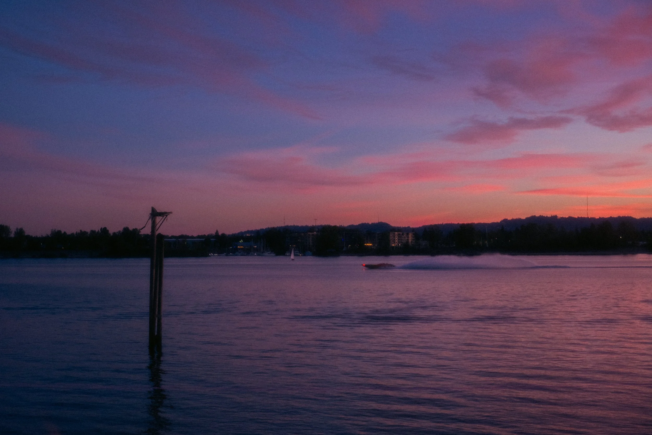  Cinematic, low-light photograph from "Sunset Blues" series by AJ Miranda, featuring a bloomy moon and silhouetted trees against a pink and orange Golden Hour skyscape.