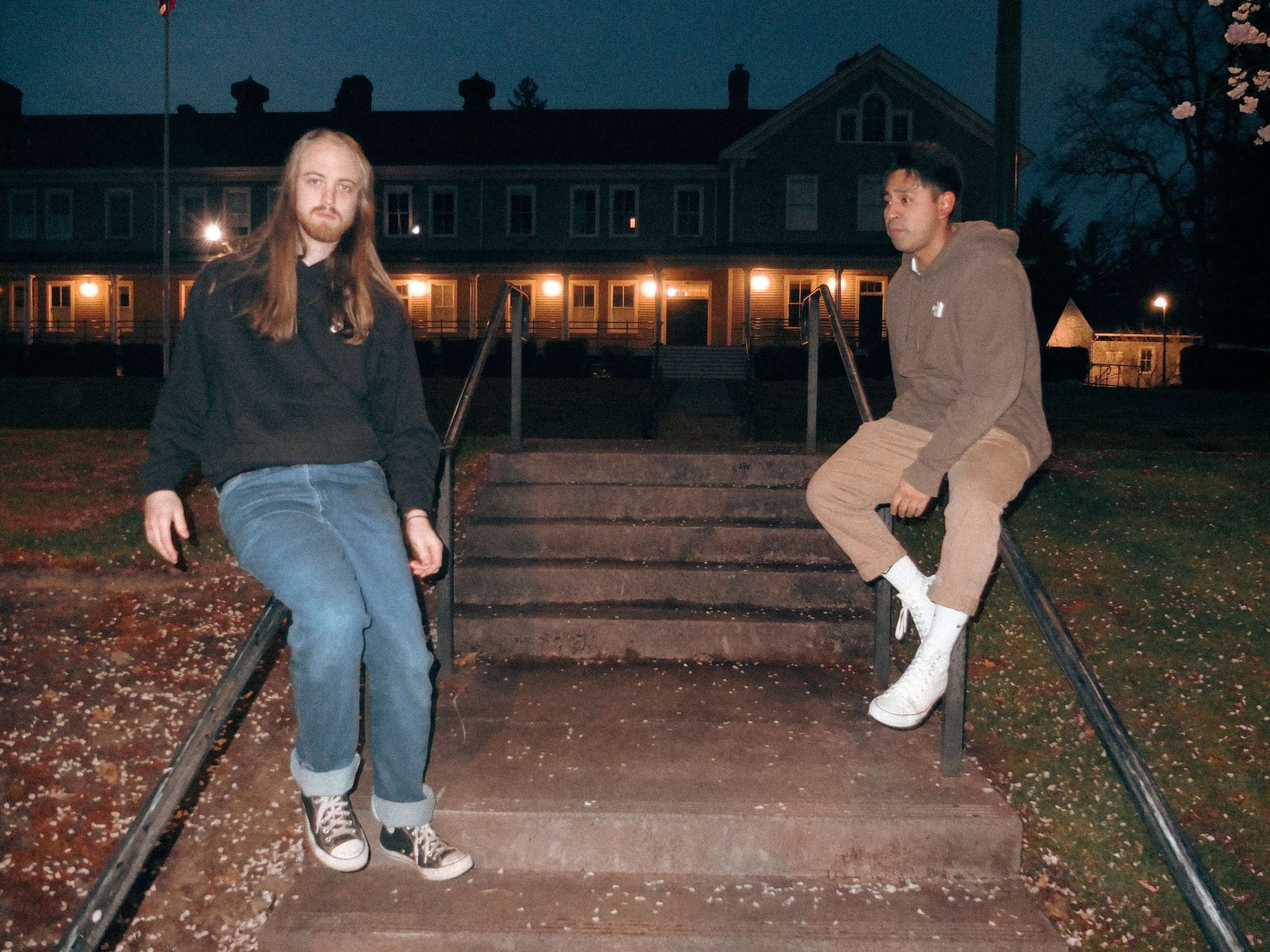 AJ Miranda Photography Candid, unpolished band photography from the Raw Reality series of EL Wedos, capturing genuine chaos using high-contrast dark flash in Vancouver, WA's deep PNW winter greens.