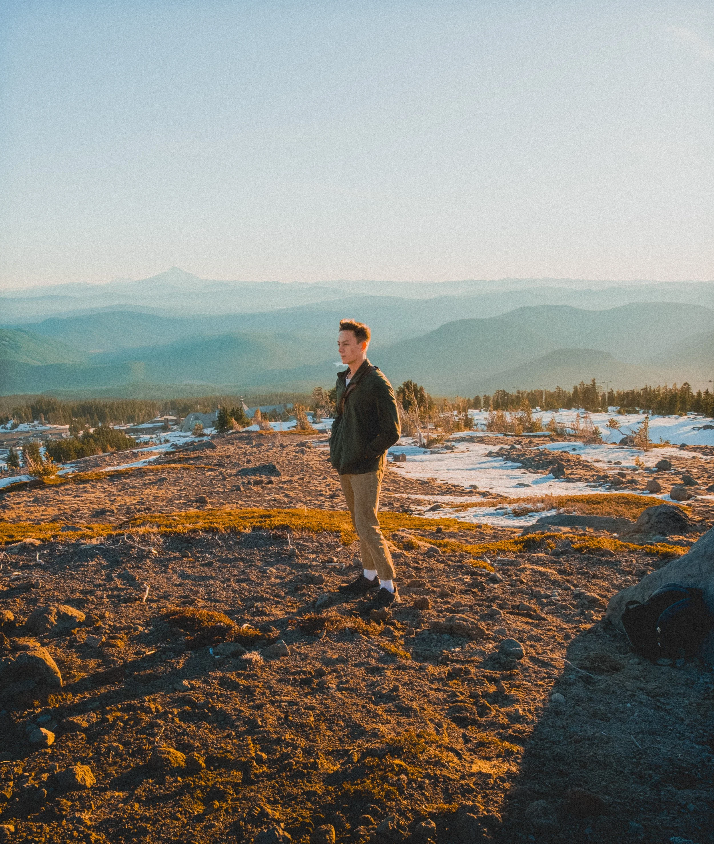 AJ Miranda Photography Vibrant PNW Alpine Photography capturing the snow-covered summit of Mt. Hood, Oregon, in October 2023, showcasing dramatic red and orange lighting.