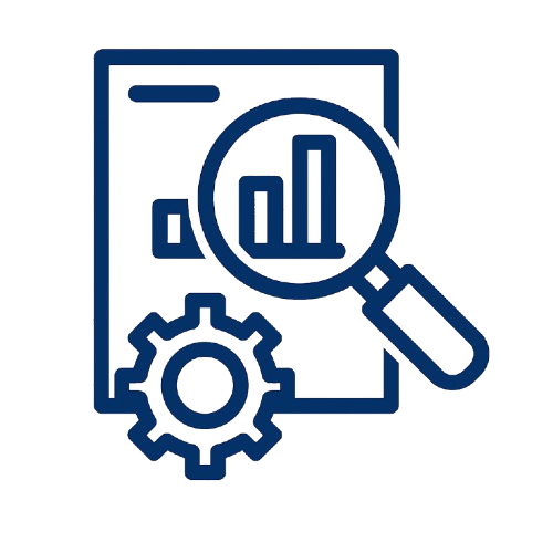 Digital tablet with a magnifying glass and gear icons, illustrating data analysis and technology.