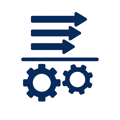 Four horizontal arrows pointing to the right, above two interlocking gears.