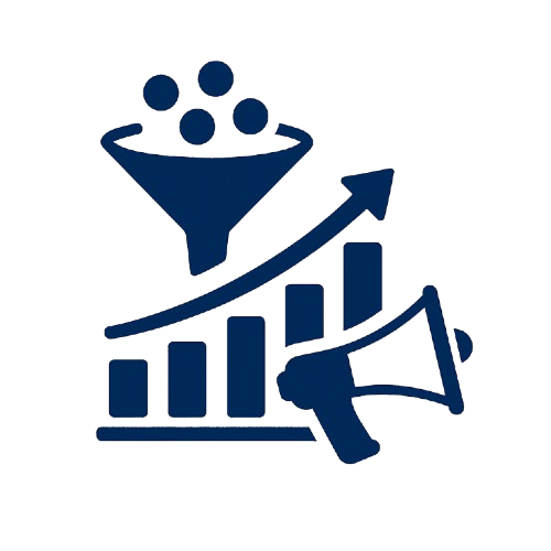 Icon of a funnel with circles, an upward trending arrow, bar graph, and a megaphone.