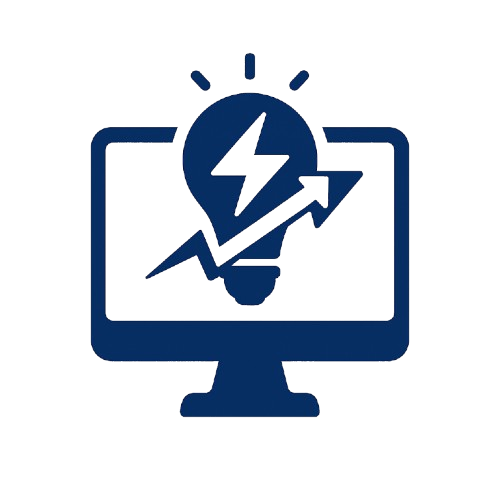 Digital illustration of a computer monitor with a light bulb containing a lightning bolt, an upward arrow, and a bar graph, representing technology and innovation.