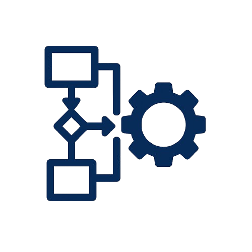 Flowchart diagram with a gear icon, representing a process or automation.