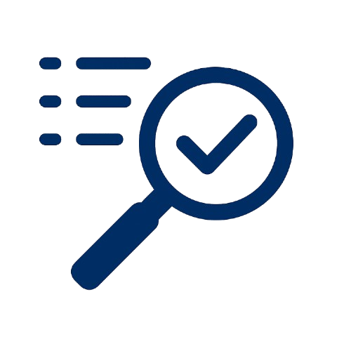 Magnifying glass with a checkmark inside and three horizontal lines indicating text or information.