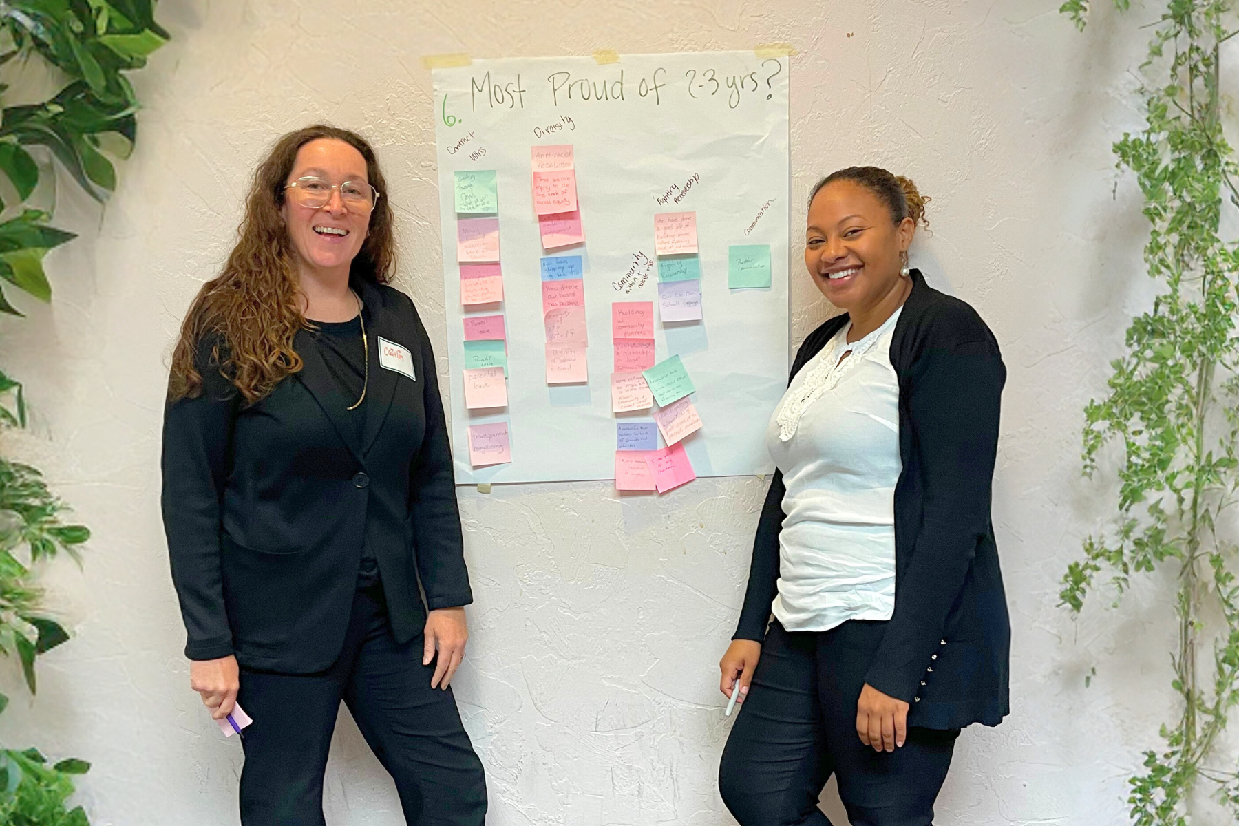 Evangeline Weiss Consulting | Two women standing next to a large whiteboard filled with colorful sticky notes, smiling at the camera.