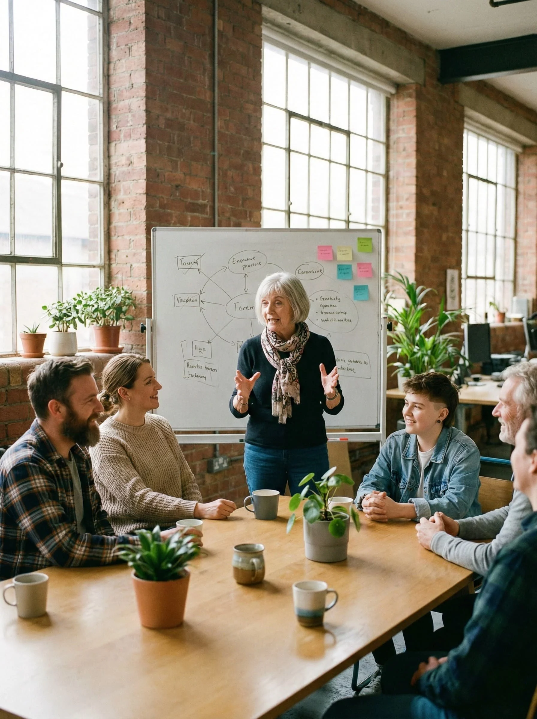 A woman leading a racial justice discussion in a meeting room with six people seated around a wooden table.