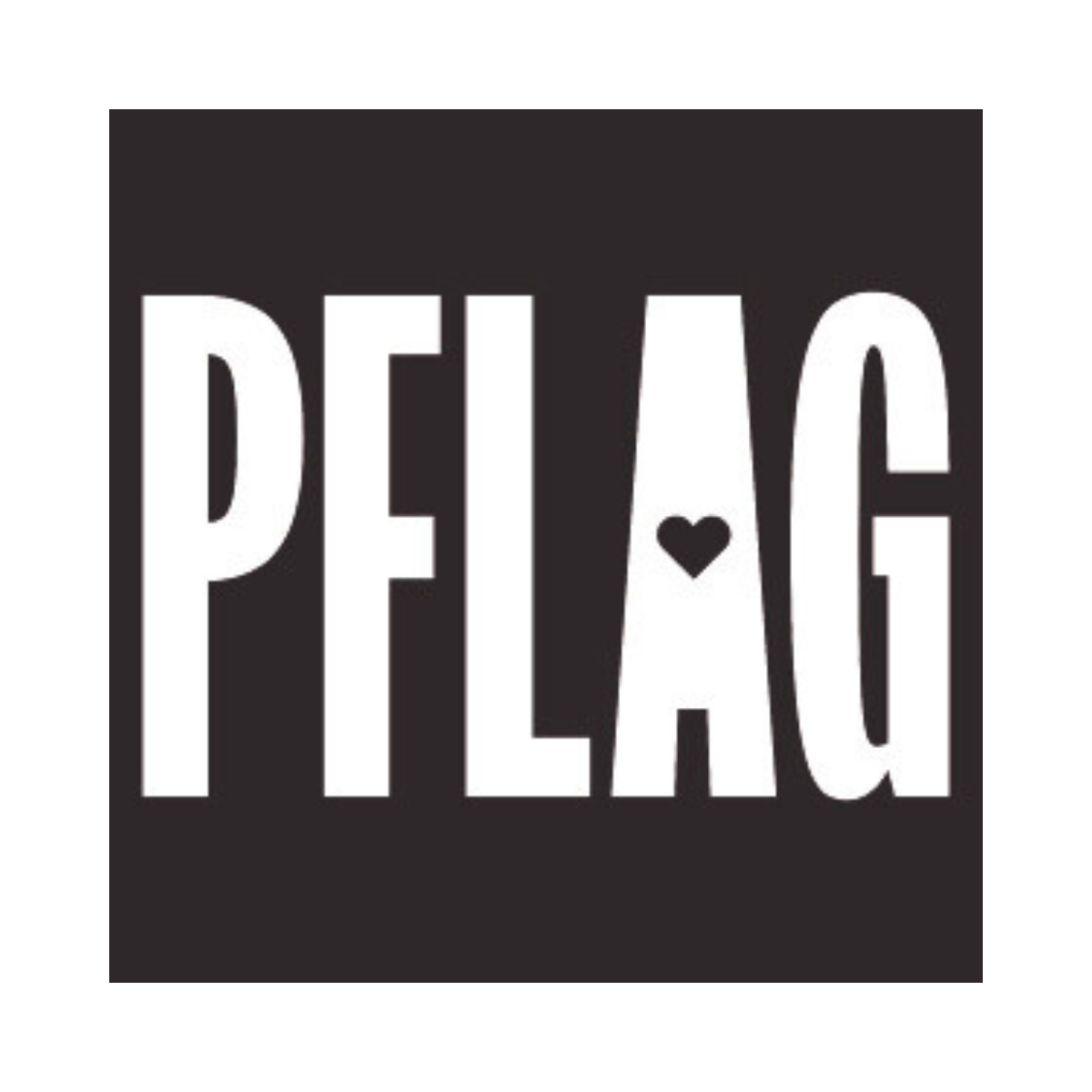 The word 'PFLAG' in white, stylized letters on a black background, with a small heart inside the letter 'A'.