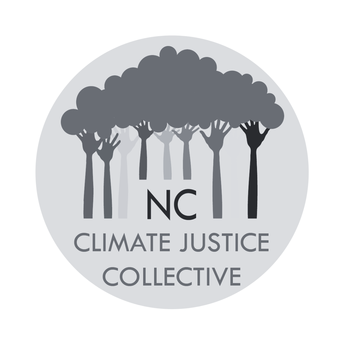Gray circular logo with stylized trees and the text "NC Climate Justice Collective".