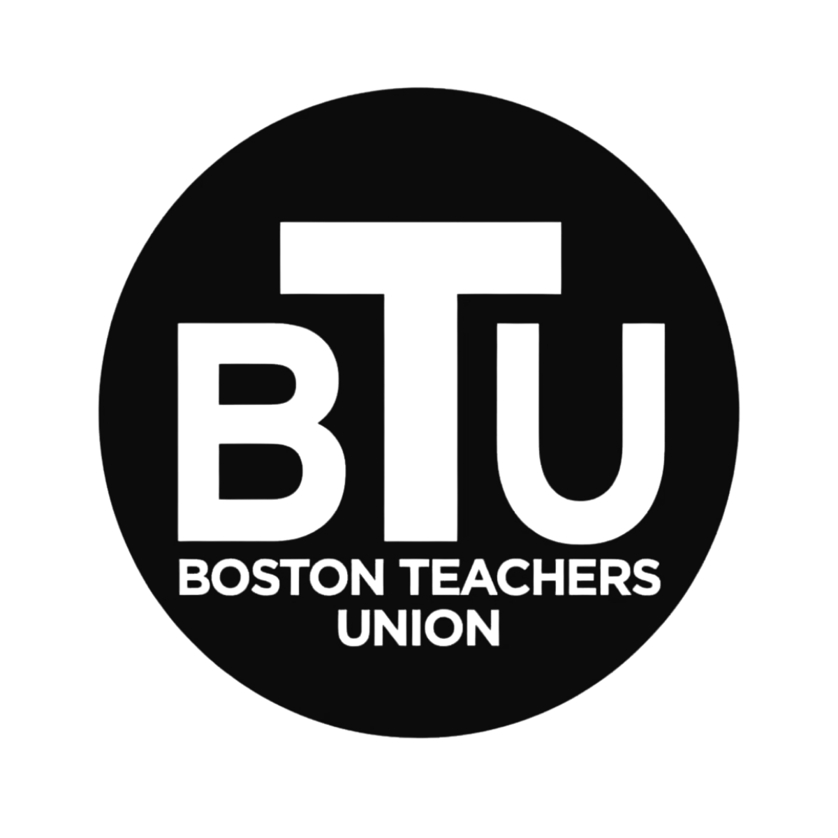 Black circular logo with large letters 'BTU' and the words 'Boston Teachers Union' underneath.