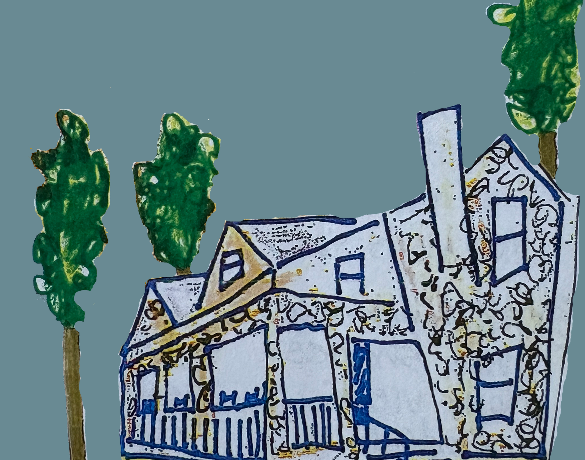 Evangeline Weiss Consulting | A colorful, abstract illustration of a house with a porch and several windows, surrounded by tall, green trees on a light blue background.