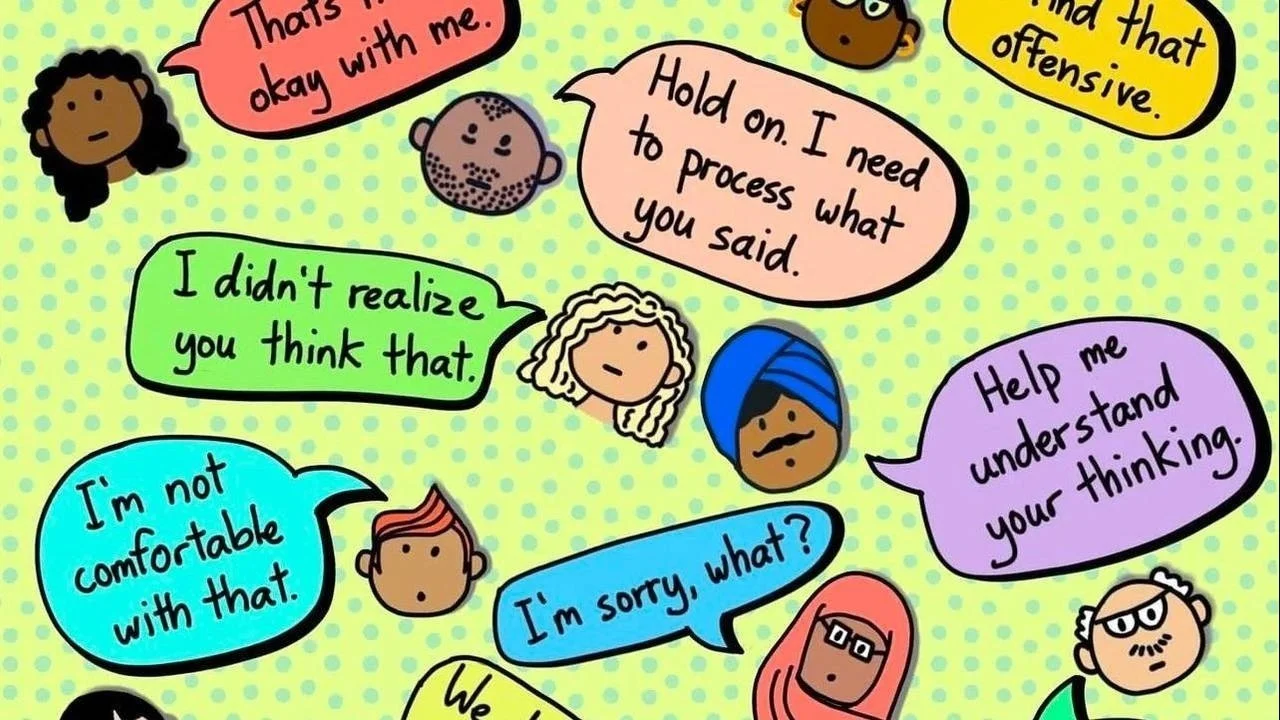 Evangeline Weiss Consulting | Illustration of diverse cartoon characters engaged in a conversation, with speech bubbles expressing various thoughts and feelings.