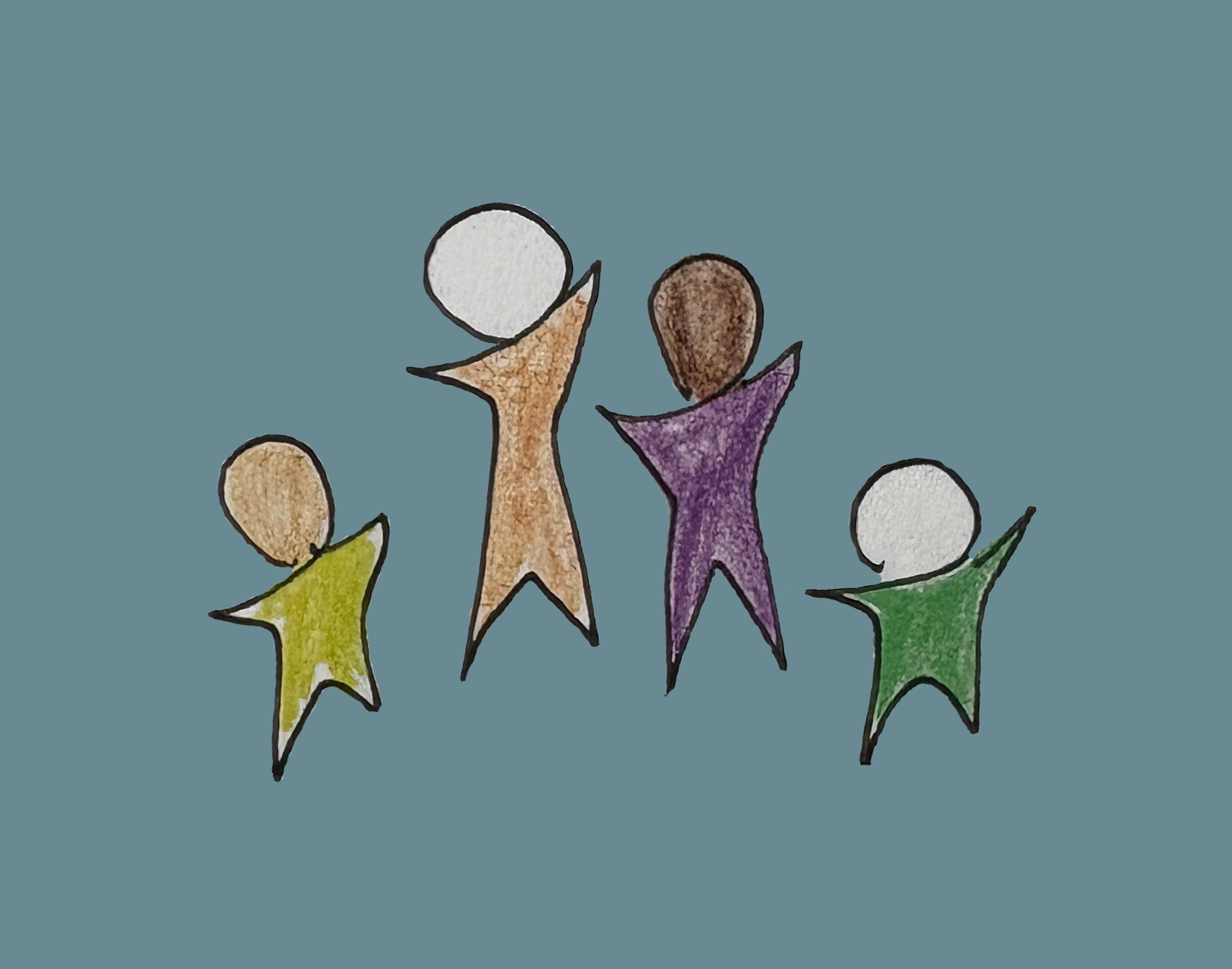 Evangeline Weiss Consulting | Colorful drawing of four abstract human figures in yellow, orange, purple, and green, with different heights and poses, on a blue background.