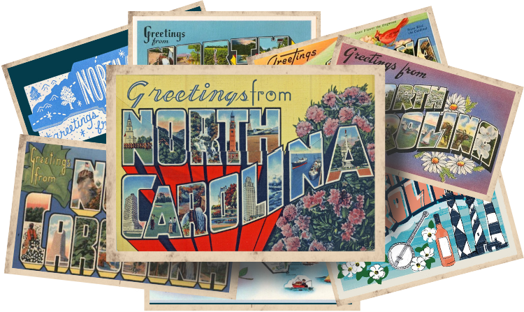Evangeline Weiss Consulting | Collection of vintage North Carolina postcards with colorful illustrations and greetings.