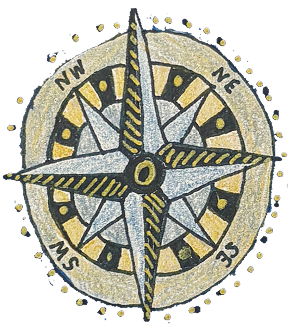 Evangeline Weiss Consulting | Decorative compass rose with directional markers North, East, South, West, and intermediate directions, featuring a color scheme of black, beige, and yellow.