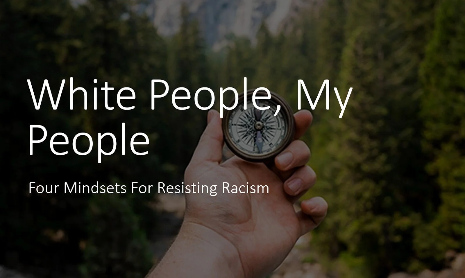 Evangeline Weiss Consulting | Hand holding a compass outdoors in a green forest with a mountain in the background.