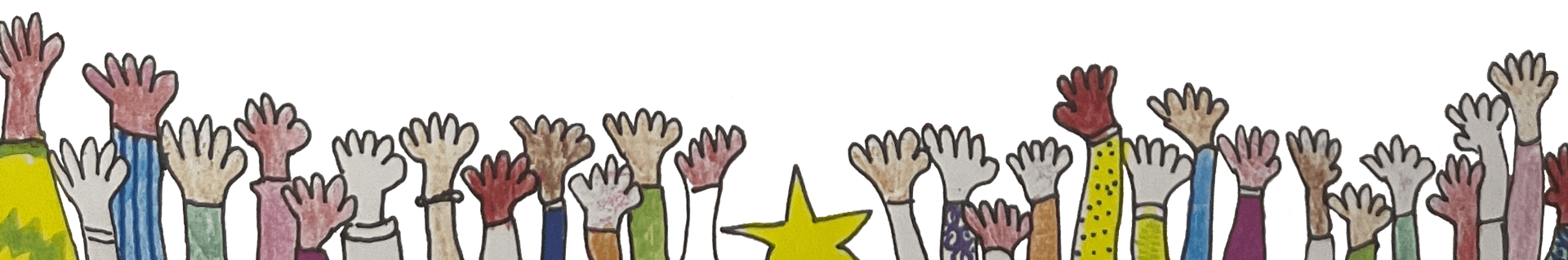 Evangeline Weiss Consulting |  A colorful illustration of many raised hands of different skin tones and clothing styles, with a yellow star among them.