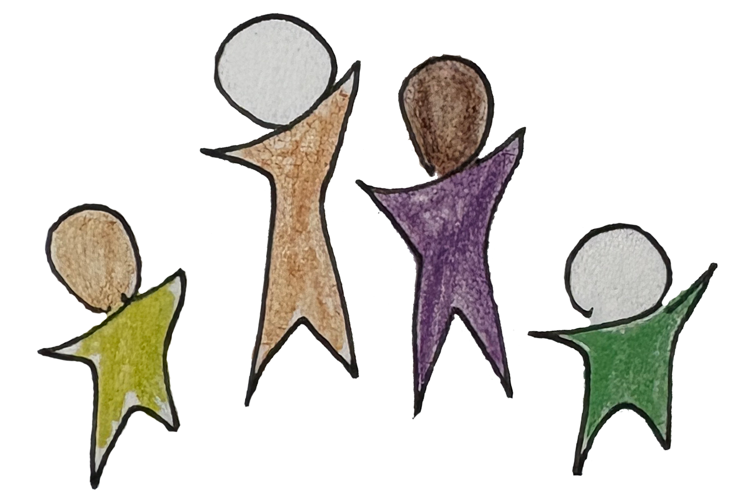 Evangeline Weiss Consulting | Colorful paper cutout of five abstract human figures, each with a circle for a head and a star-shaped body, in various colors including yellow, orange, purple, brown, and green.
