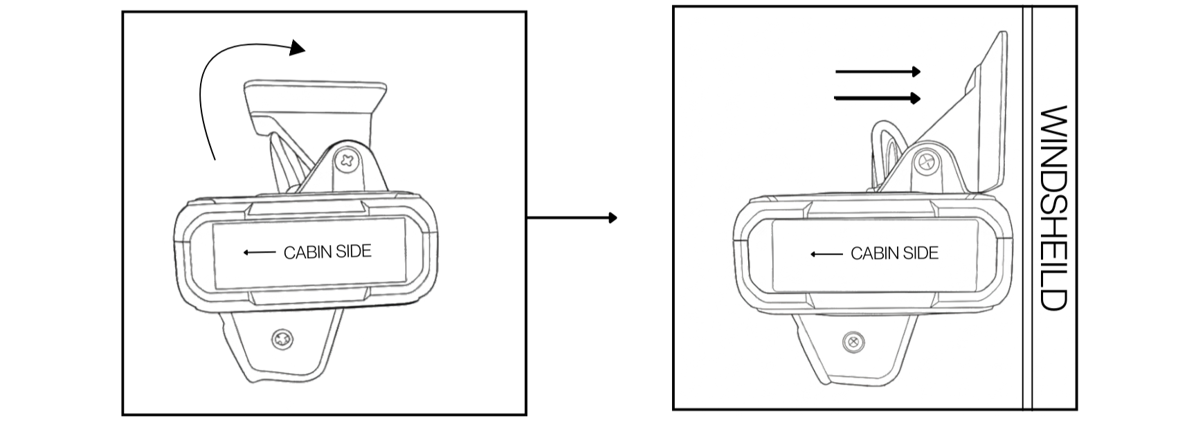 Diagram showing how to engage and disengage a vehicle’s window shield with the cabin side label for orientation.