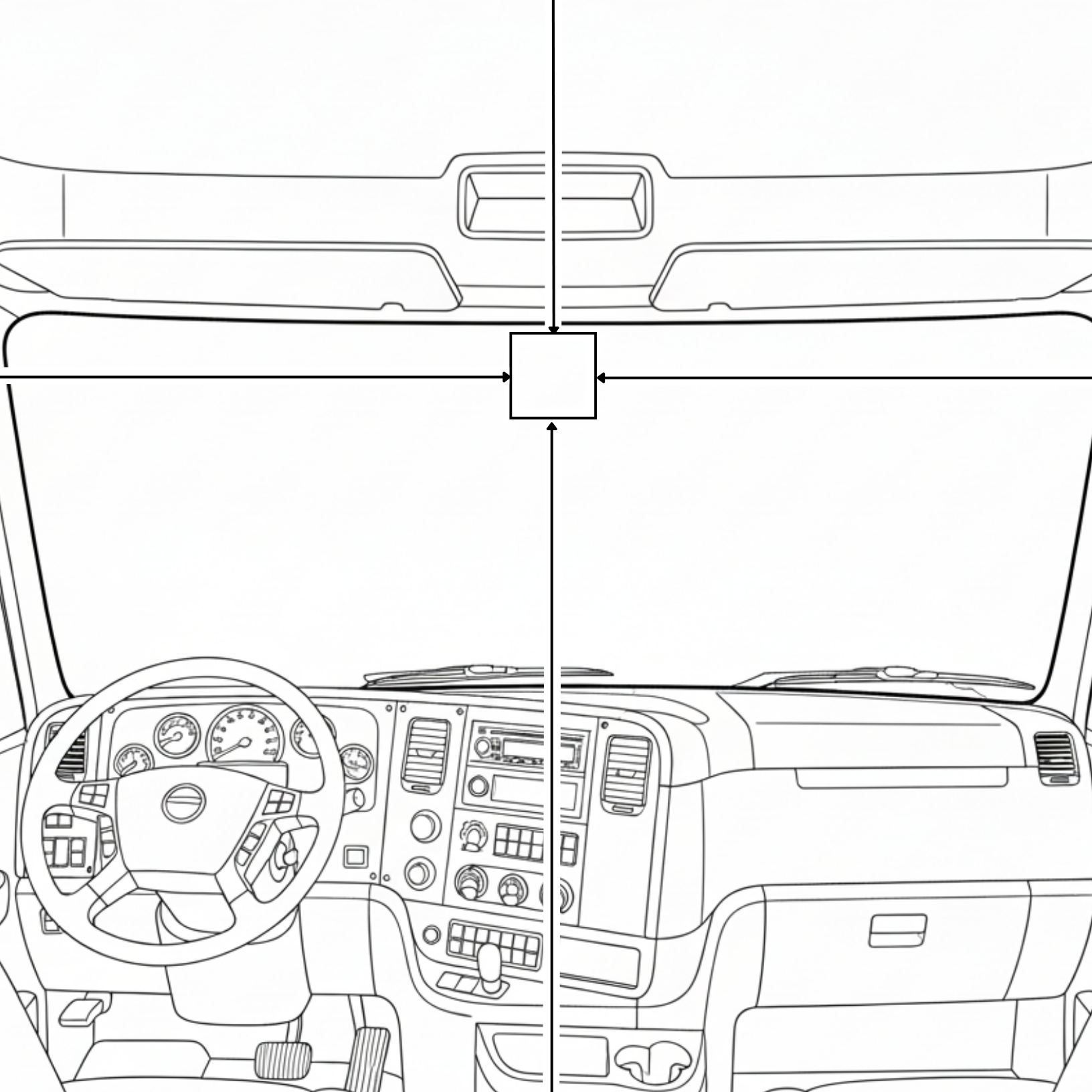 Line drawing of a truck's interior and dashboard viewed from the front windshield with annotations indicating the center of the windshield and the dashboard.