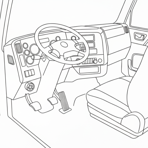 Line drawing of a truck's driver seat and dashboard, showing steering wheel, pedals, and control panels.
