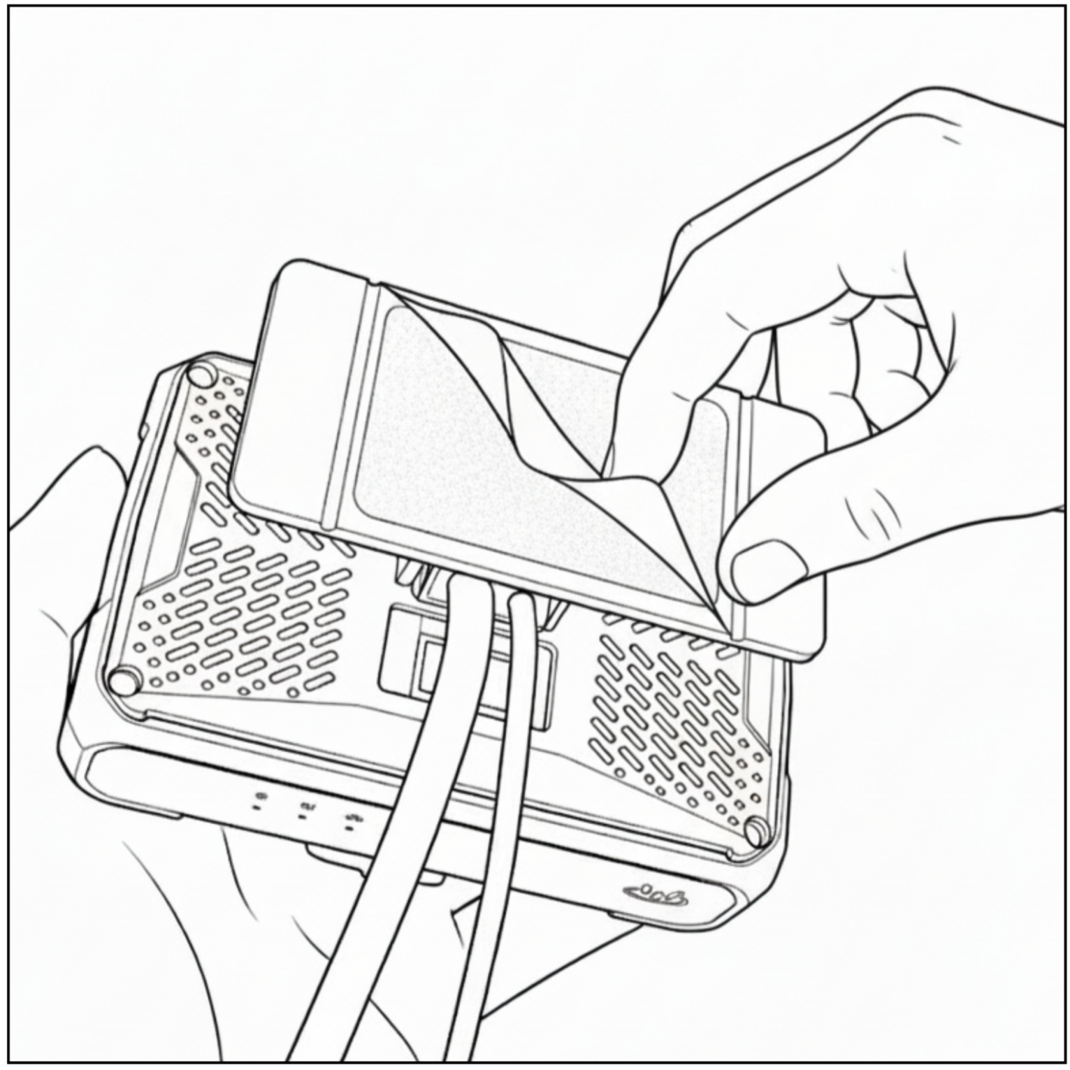 A hand peeling off a sticker backing from a sticker on a portable speaker.