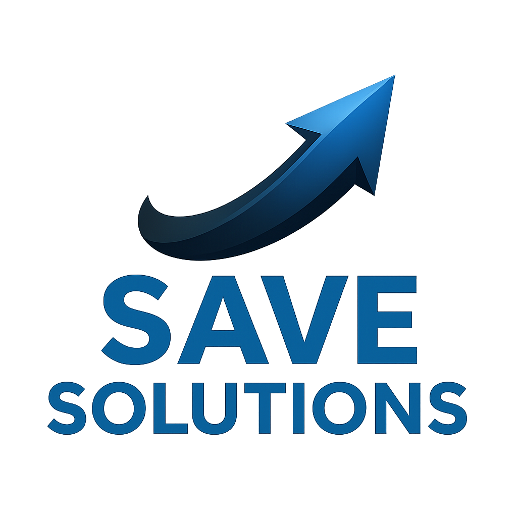 Blue 3D arrow pointing upward with the text 'Save Solutions' underneath.
