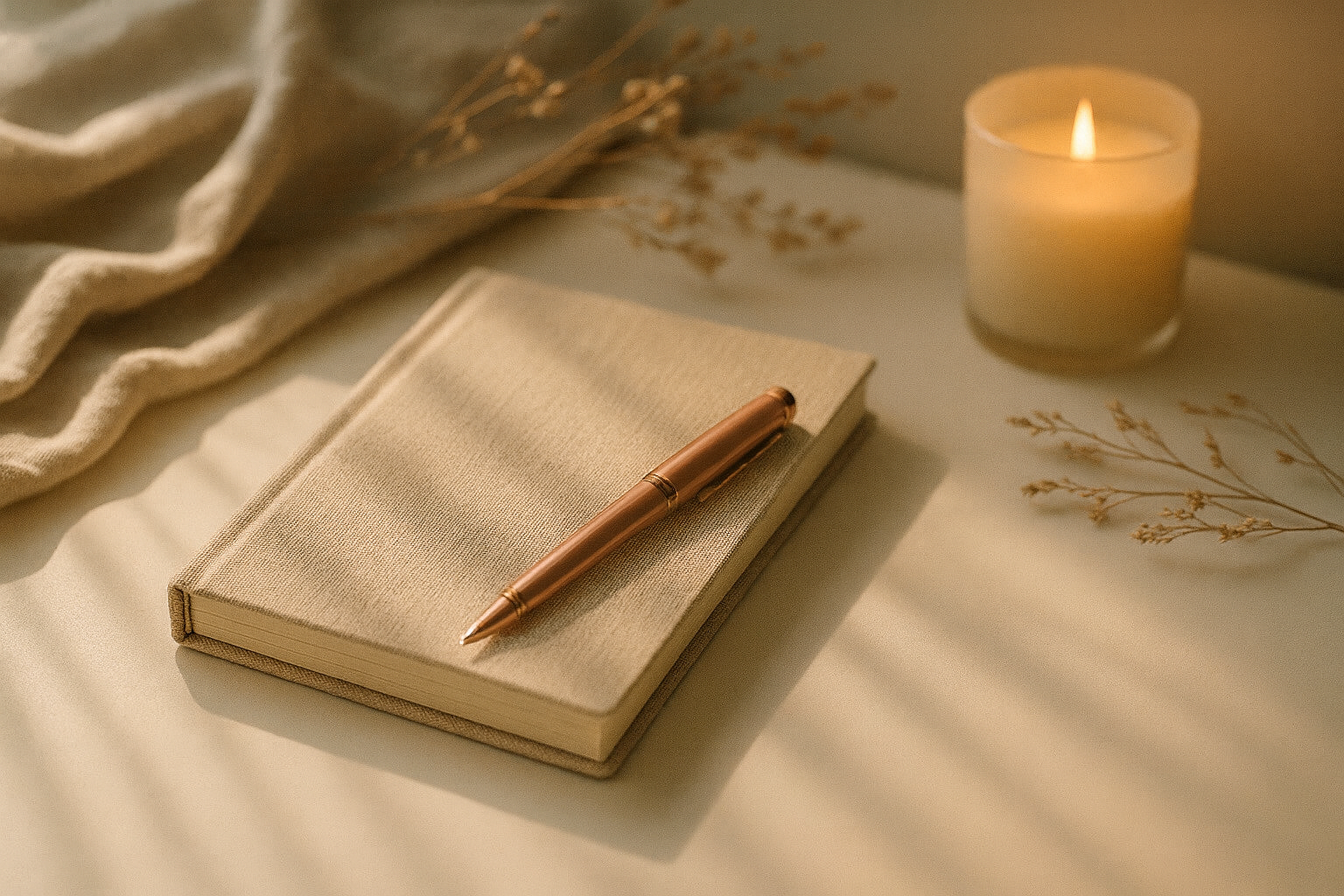 A closed beige notebook with a rose gold pen resting on top, next to a lit candle, dried flowers, and a soft fabric on a light surface representing gentle, grounded individual therapy for anxiety, overwhelm, shame, trauma, and emotional shutdown.
