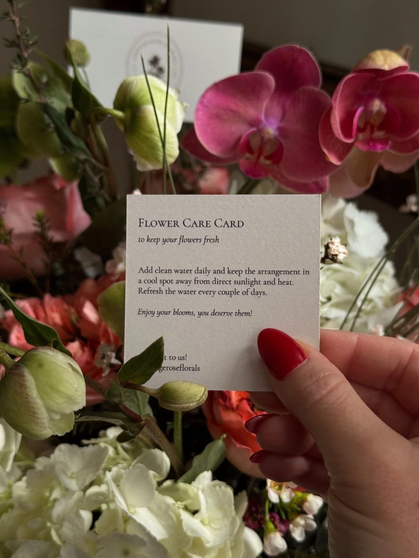 Our Flower Care Cards offer some simple tips to help your flowers last longer 💐

1. Change the water every 1-2 days.
2. Keep flowers away from direct sunlight &amp; in a cool spot in your home ☀️
3. Don&rsquo;t place your flowers near ripening fruit