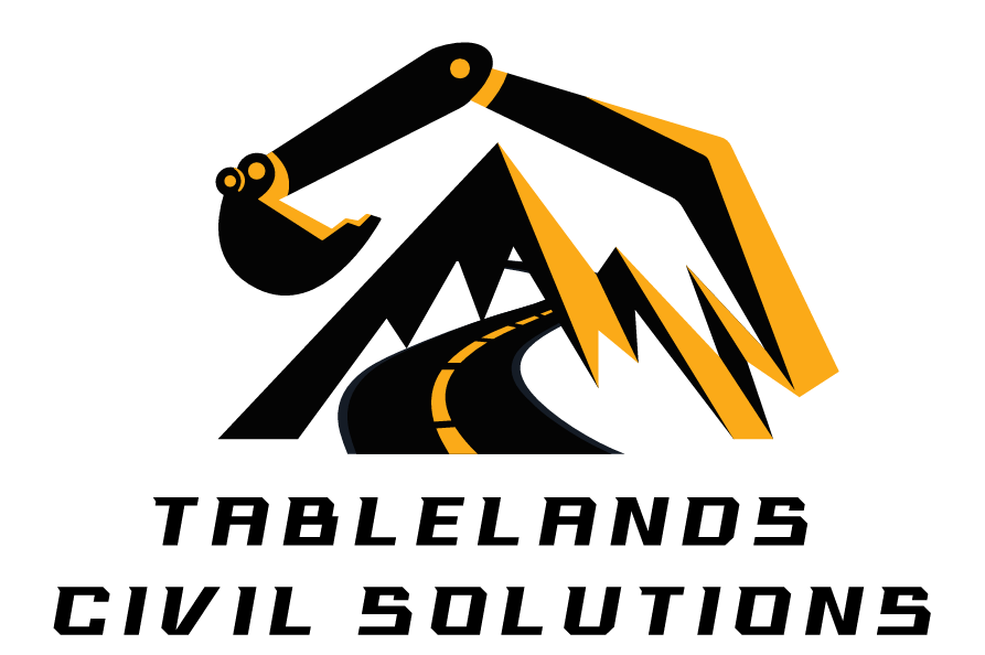 A logo for Tablelands Civil Solutions featuring a stylized construction vehicle above a winding road and mountain peaks.
