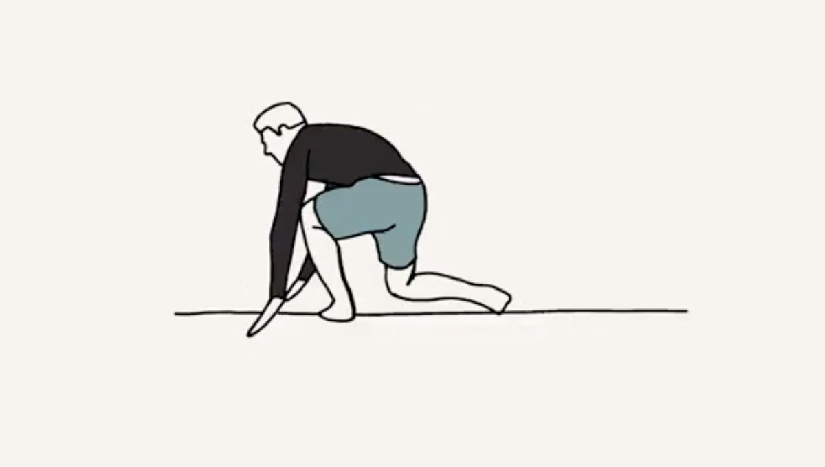 A minimalist line drawing of a person in a black shirt and blue shorts, kneeling on the ground with one hand and one knee touching the floor.