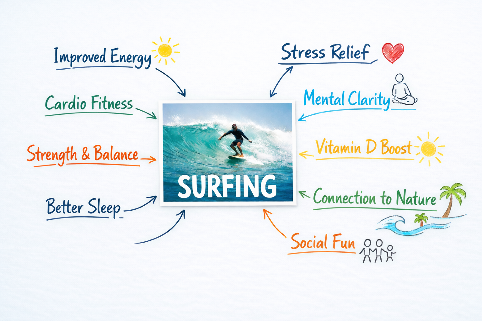 A diagram showing benefits of surfing, including improved energy, stress relief, mental clarity, vitamin D boost, connection to nature, social fun, better sleep, strength and balance, and cardio fitness, with hand-drawn illustrations and arrows pointing to a central photo of a person surfing.