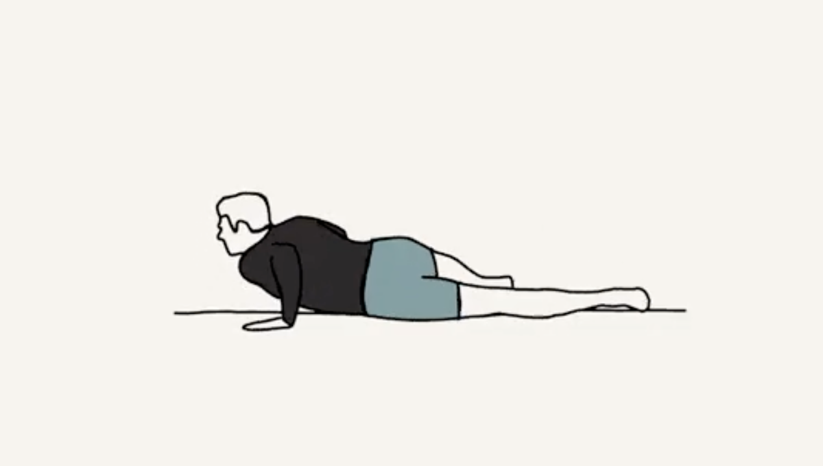 Drawing of a person in a push-up position on the floor, wearing a black shirt and gray shorts.