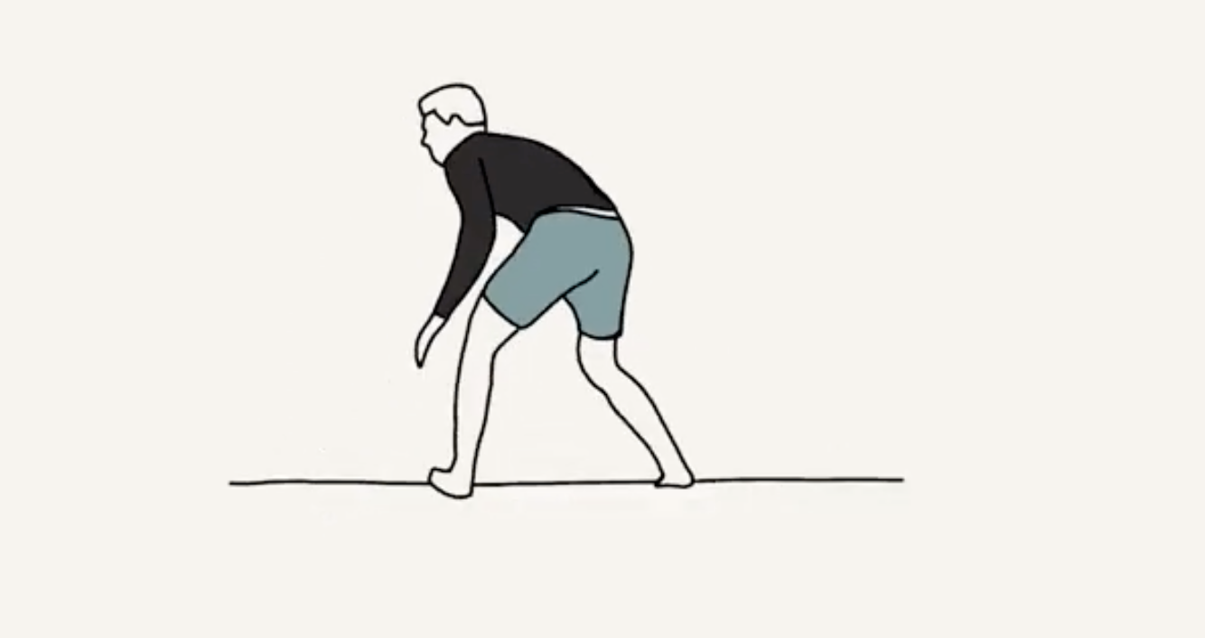 An illustration of a person in a black long-sleeve shirt and blue shorts, bending forward with arms reaching downward.