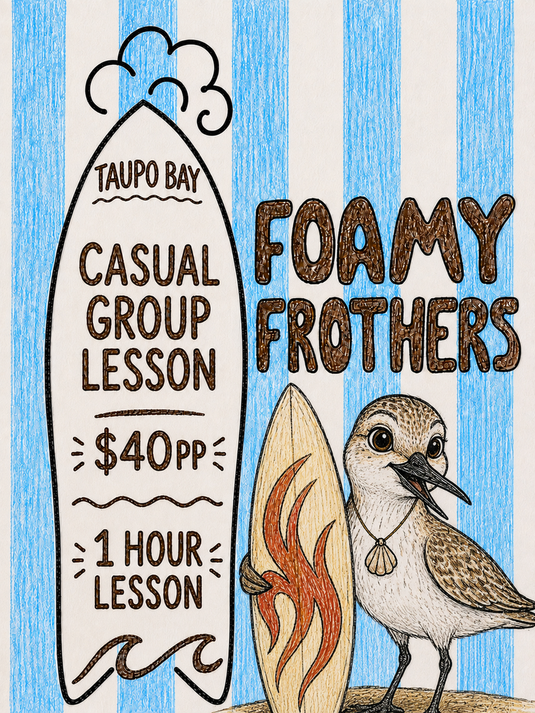 Hand-drawn poster for casual surf lessons