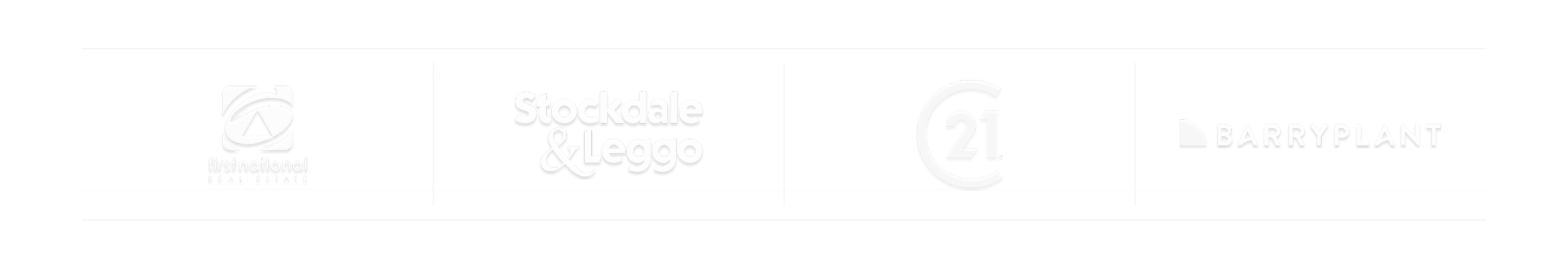 Logos of First National Real Estate, Stockdale & Leggo, 21, and Barry Plant on a black background.
