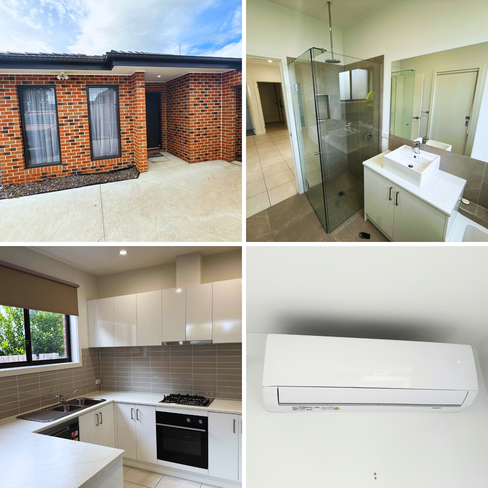 Collage of four images: exterior of a brick house with a porch; modern bathroom with glass shower and mirror; kitchen with white cabinets and beige backsplash; wall-mounted air conditioner unit.