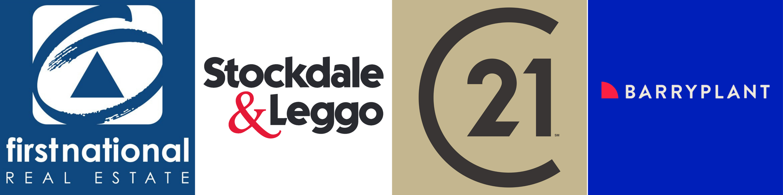 Logos of First National Real Estate, Stockdale & Leggo, G21, and Barry Plant.