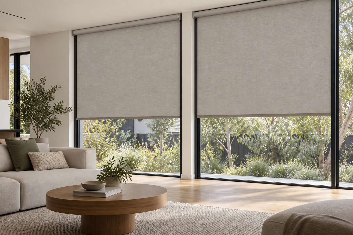 Light-filtering roller blinds half-lowered on living room windows