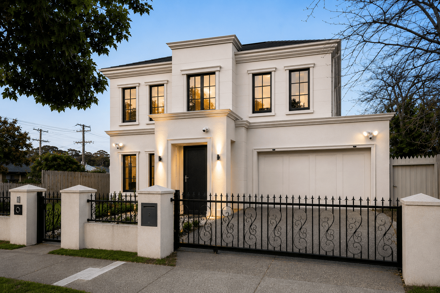 A secured Melbourne home at dusk