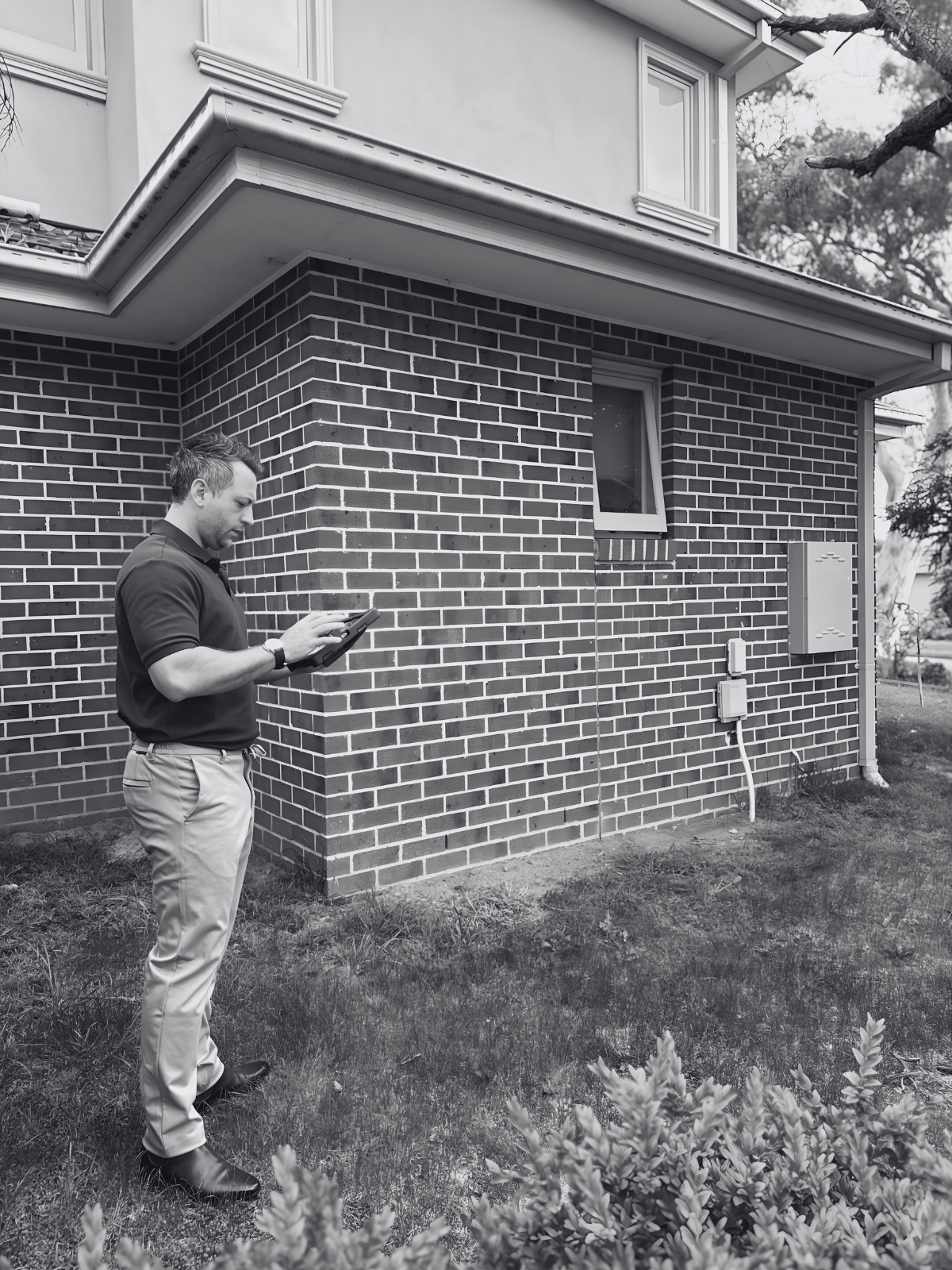 A man in a black polo shirt and light-colored pants standing outside a brick house, looking at his phone with a serious expression. The house has a small window, a utility box, and a grassy yard with some shrubs in the foreground.