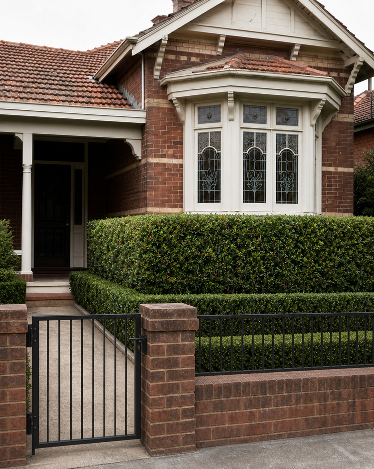 Defensive landscaping — thorny hedging, boulders and concrete planter boxes forming a barrier