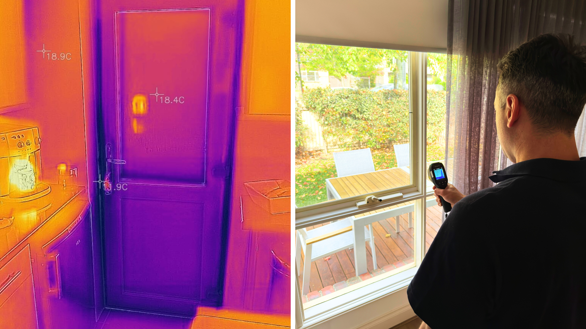 A split image showing on the left a thermal scan of an indoor hallway with a door and a thermostat, with temperatures around 18.4°C to 18.9°C. On the right, a person is holding a thermal imaging camera and looking at a window in a room with natural sunlight and outdoor greenery visible through the window.