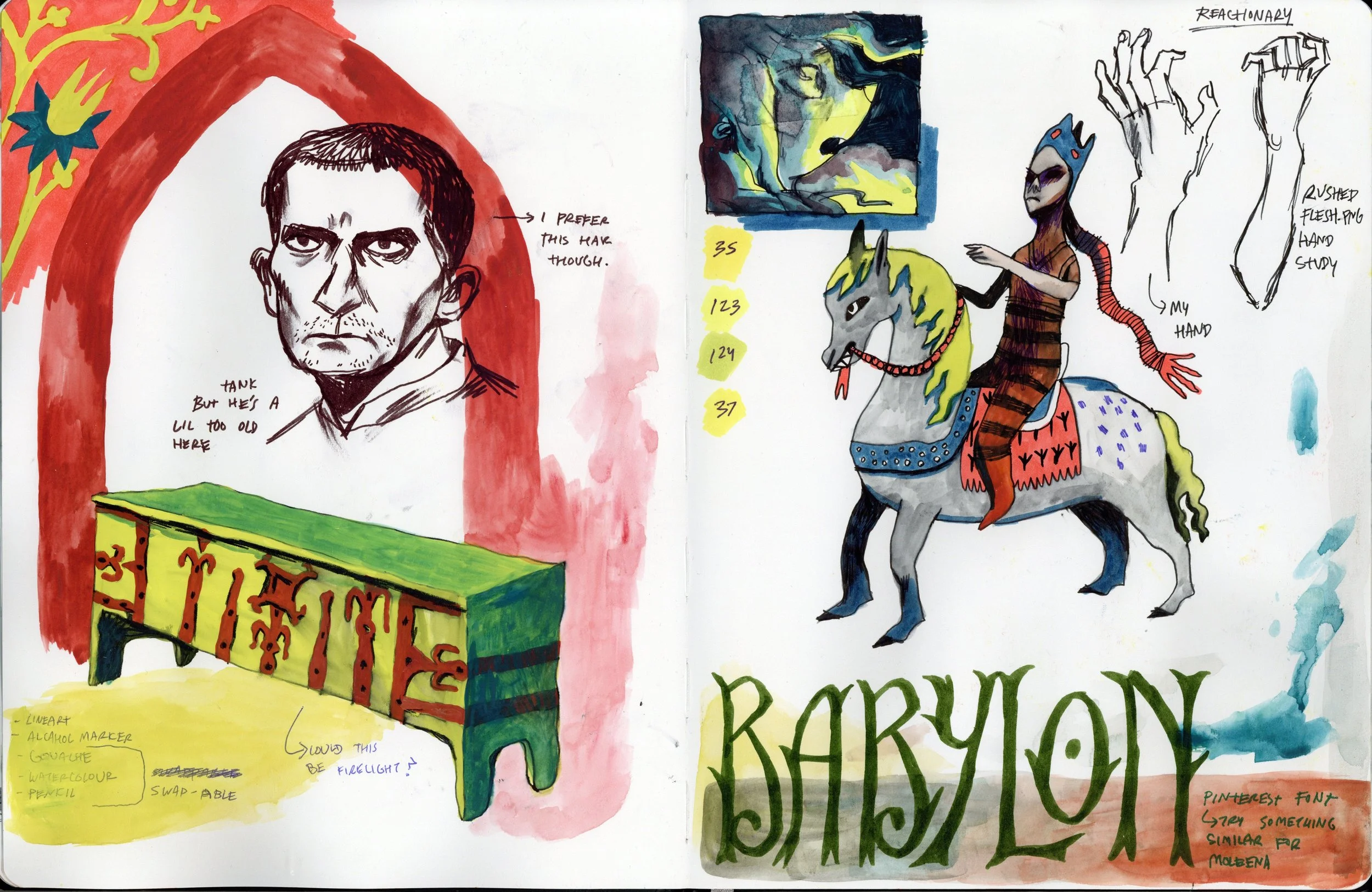 chest, horse, hands, watercolour, ink, text, sketch